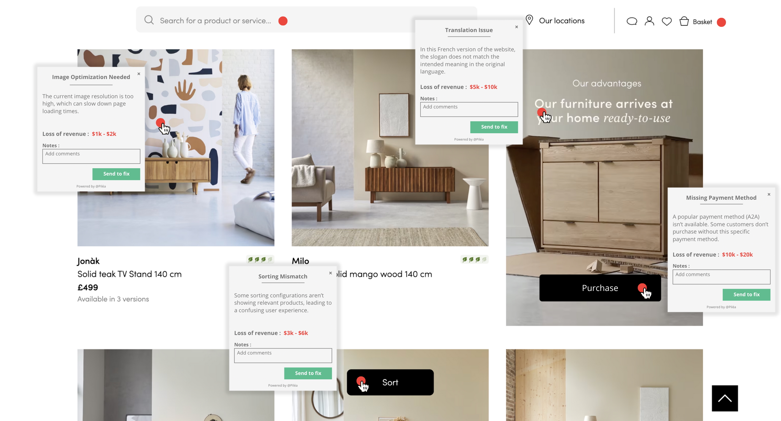 Pilea Dashboard showing UX issues on an e-commerce website